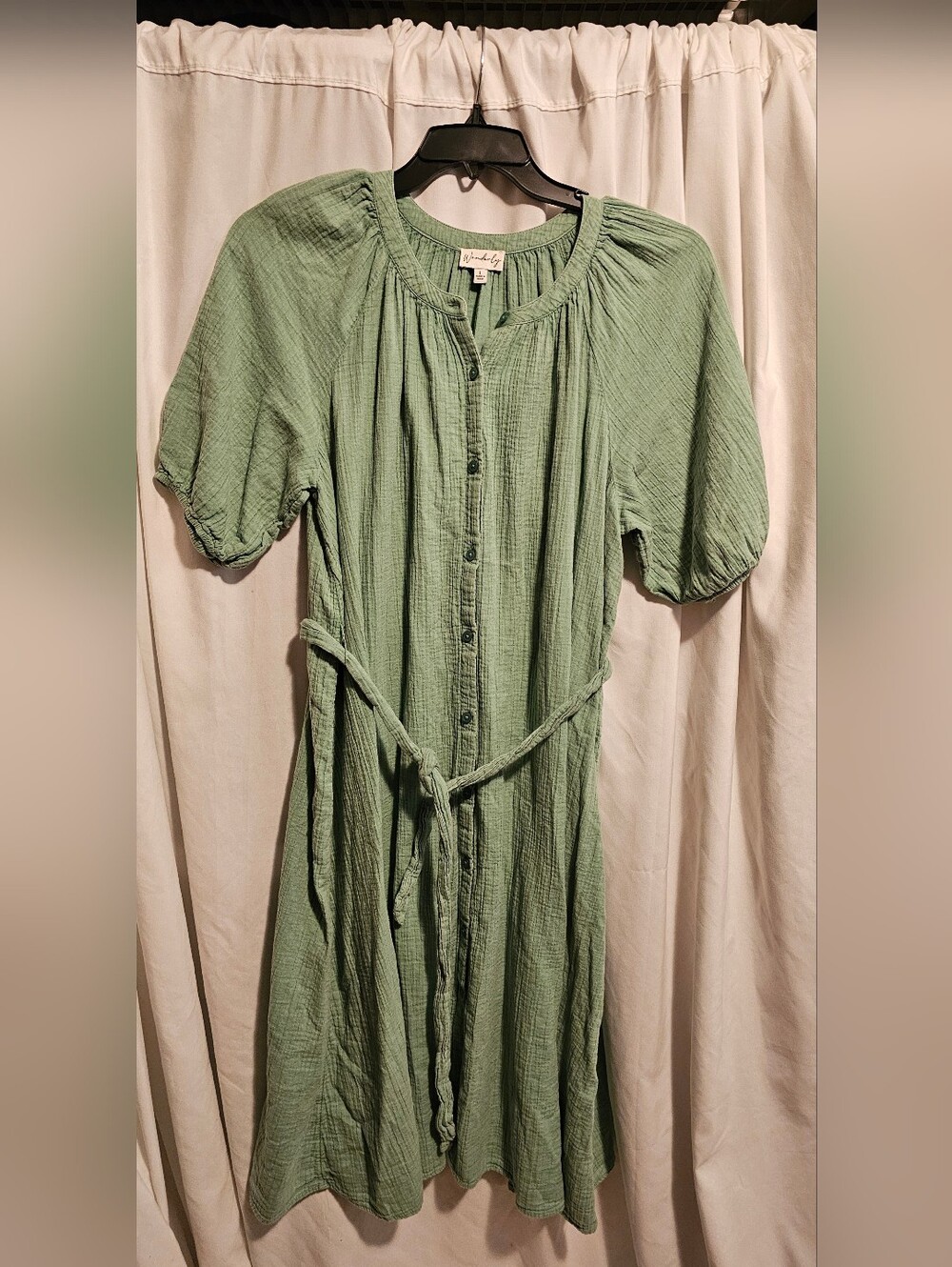 Wonderly Dress Sz. L. Green Button-Front Cotton Dress